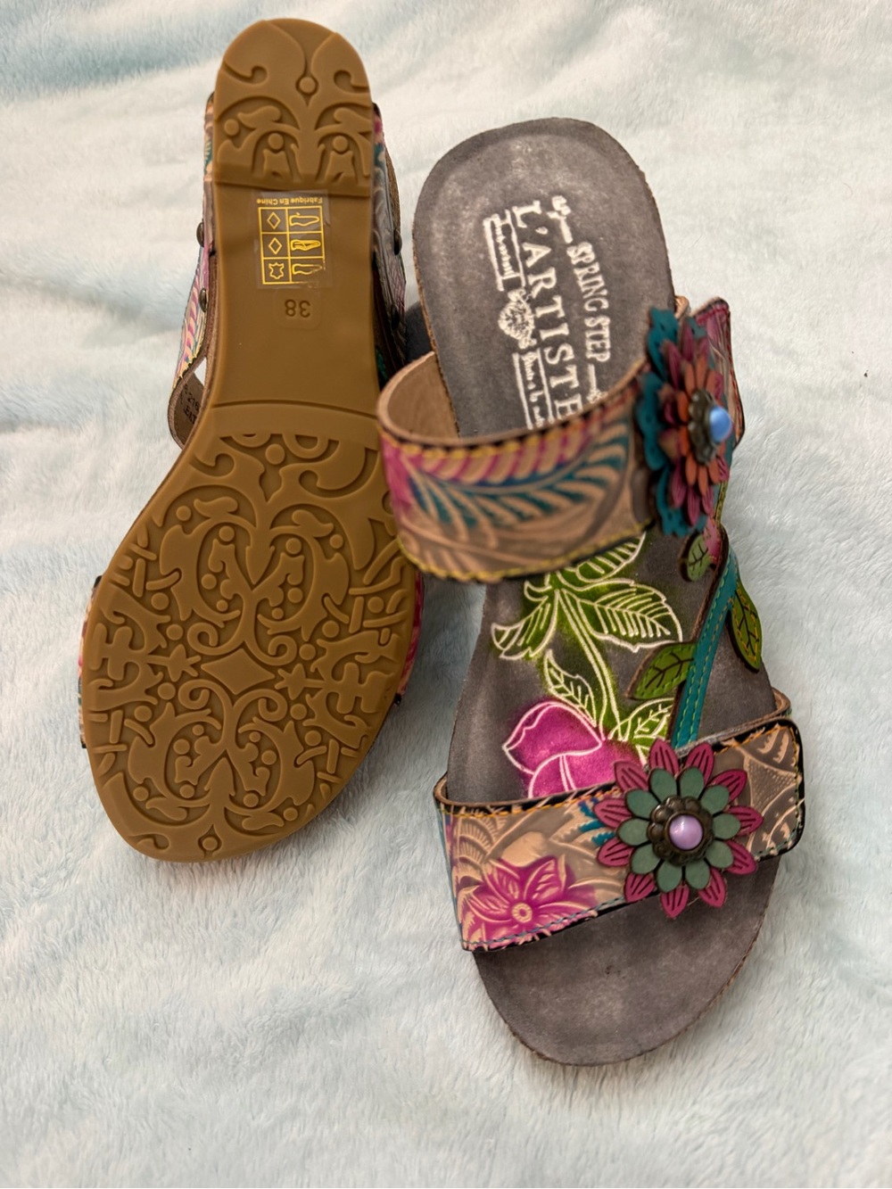L'Artiste Multicolor Floral Leather Sandals - Pink & Teal Accents